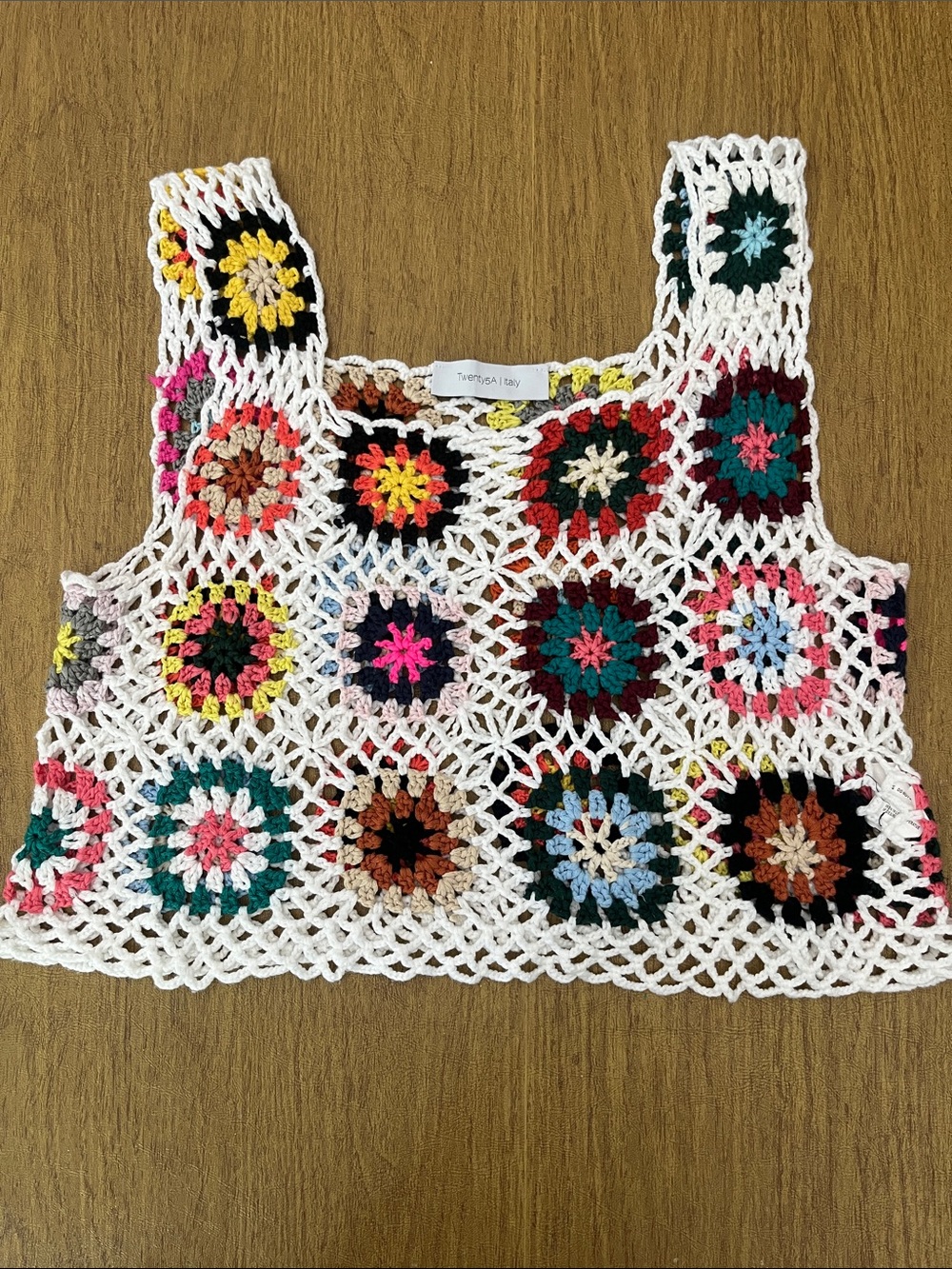 Twenty5A Boho Vibe White & Multicolor Granny Square Floral Crochet Tank Top Sz M